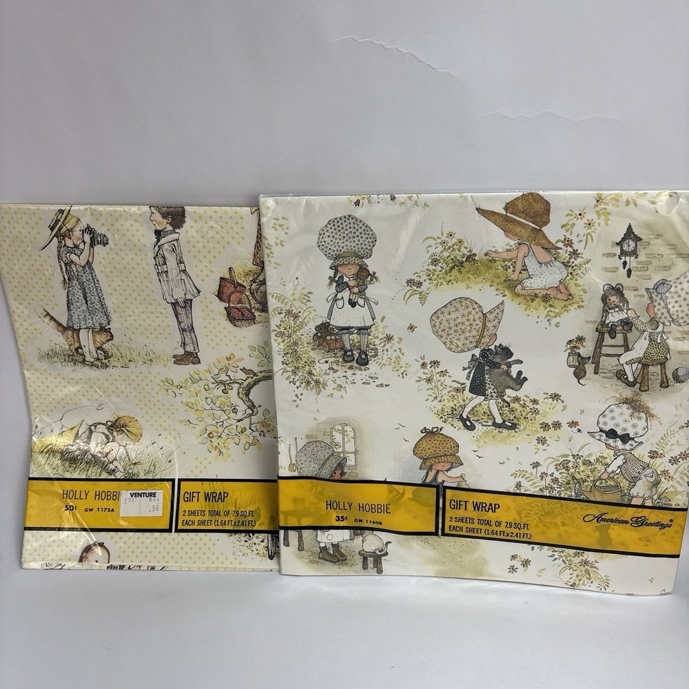 Vtg NOS Holly Hobbie Gift Wrap Wrapping Paper American Greetings Lot of 2 1970s